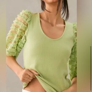 🎁Like New Dolman Green Ribbed Lace puff sleeve blouse #174066P -Petite Small